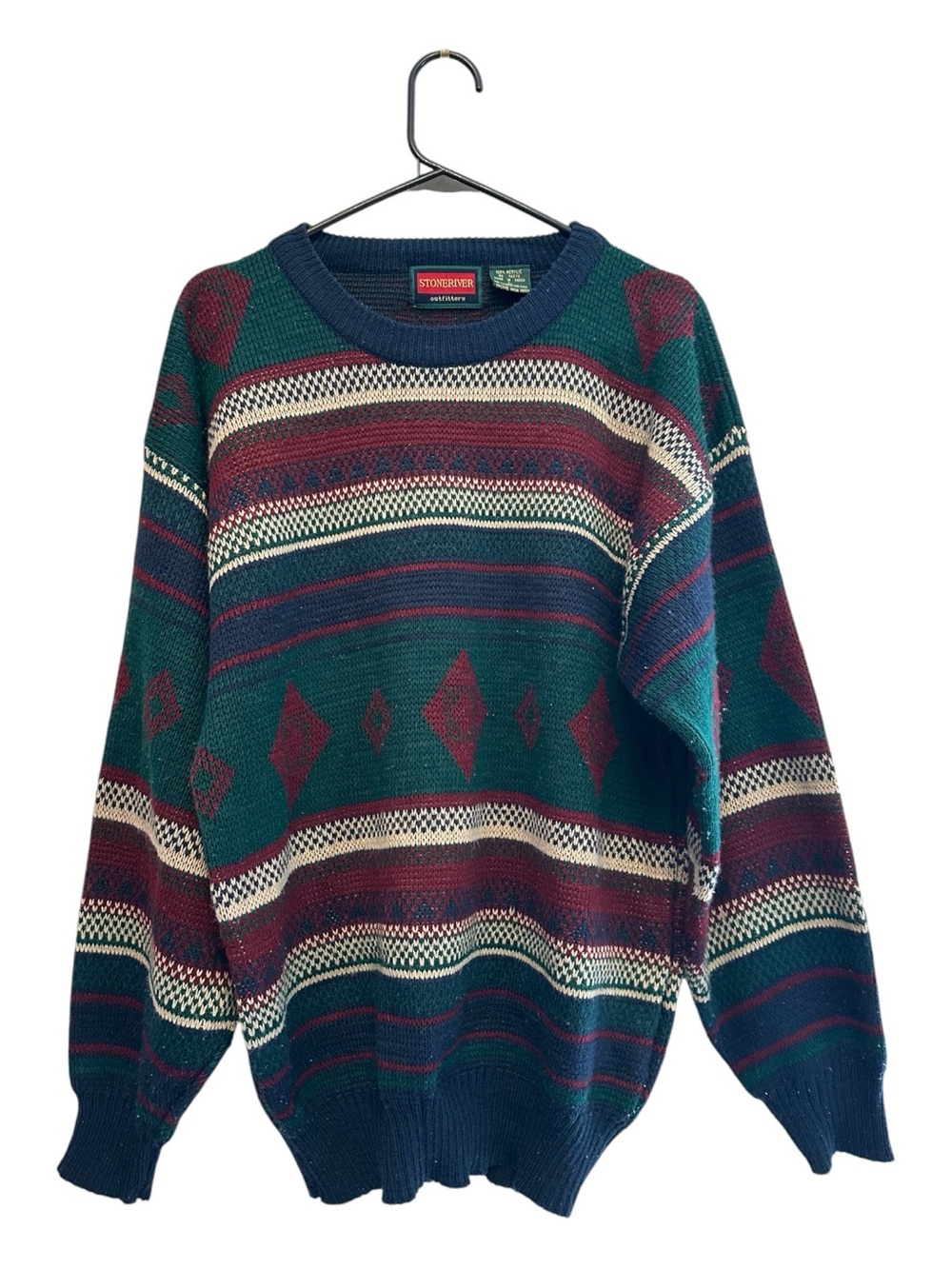 90s Vintage Stoneriver Teal, Navy & Burgundy Patterned Crewneck Sweater Large